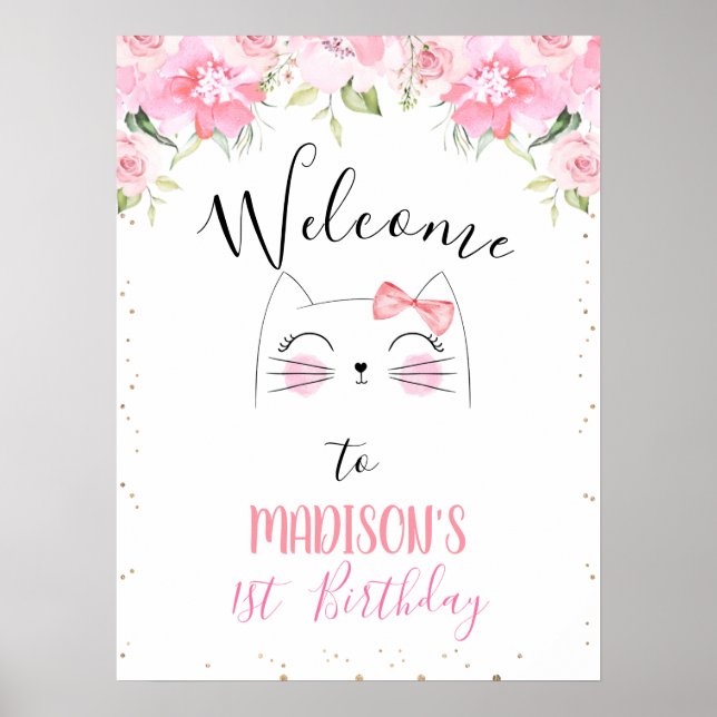 Pink Floral Kitten Face and Bow Birthday Welcome P Poster (Vorne)
