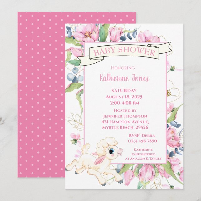Pink Floral Kleine Lammdusche Einladung (Vorne/Hinten)
