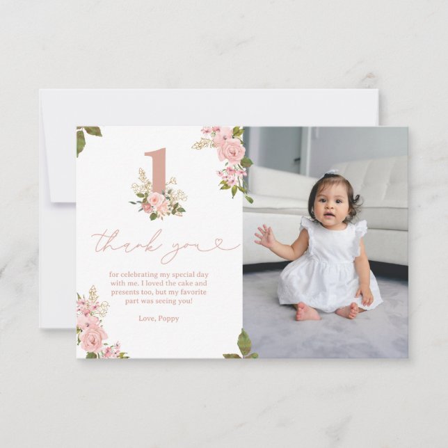 Pink Floral Kleine Miss 1. Geburtstag Dankeskarte (Vorderseite)