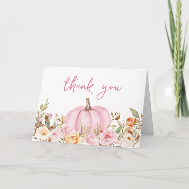Pink Floral Kleine Pumpkin Baby Dusche Dankeskarte (Vorderseite)