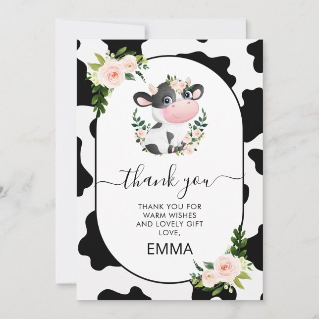 Pink Floral Kuh Print Baby Dusche Danke Karte (Vorderseite)