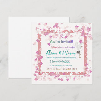 Pink Floral Lace Stork Bridal Shower Invitation | 
