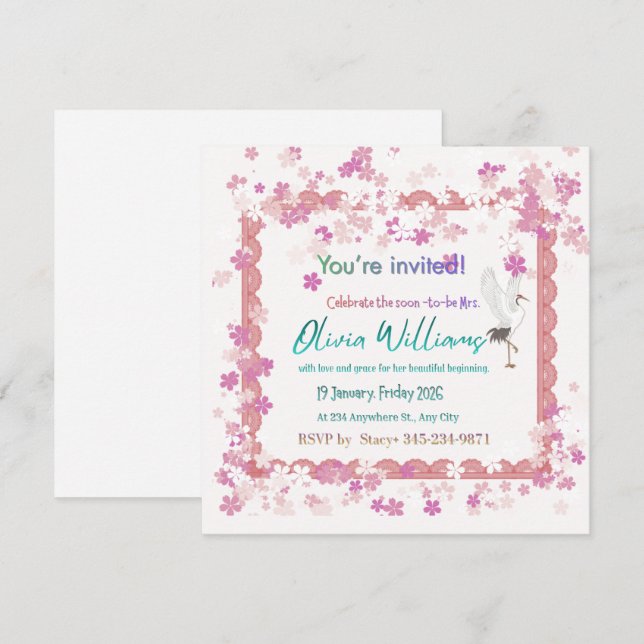 Pink Floral Lace Stork Bridal Shower Invitation |  (Devant / Derrière)