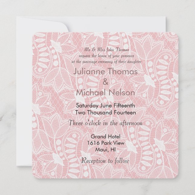 Pink Floral Lace Wedding Einladung (Vorderseite)