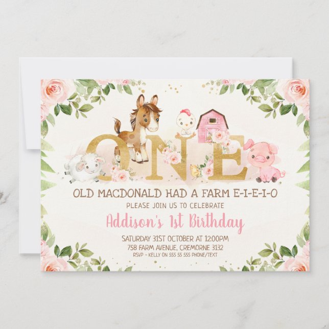 Pink Floral Landtiere Erstgeburtstag Einladung (Vorderseite)