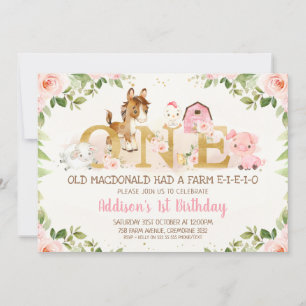 Pink Floral Landtiere Erstgeburtstag Einladung