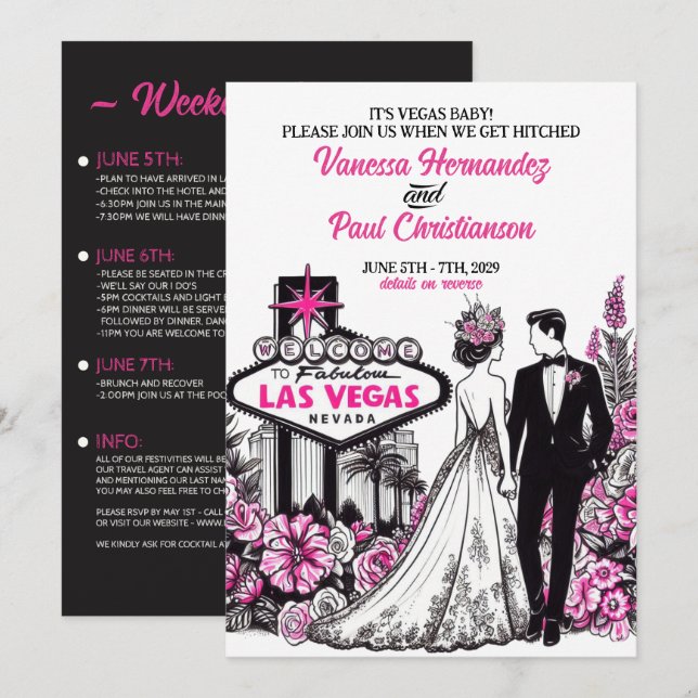 Pink Floral Las Vegas Wedding Einladung (Vorne/Hinten)