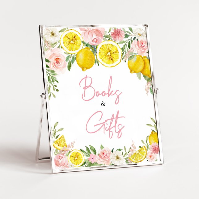 Pink Floral Lemon Bücher und Geschenke Poster (Summer Lemon Citrus Baby Shower Books and Gifts Sign)