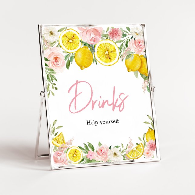 Pink Floral Lemon Drinks Poster (Summer Lemon Citrus Baby Shower Drinks Sign)