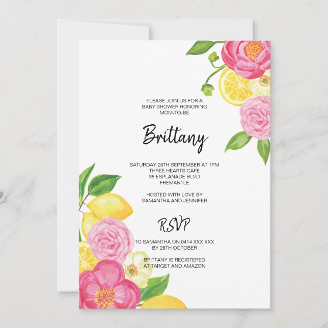 Pink Floral Lemon Gender Neutral Baby Dusche Einladung (Vorderseite)