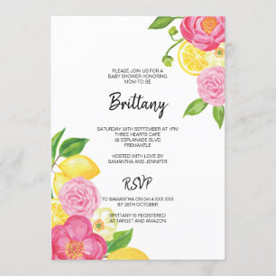 Pink Floral Lemon Gender Neutral Baby Dusche Einladung