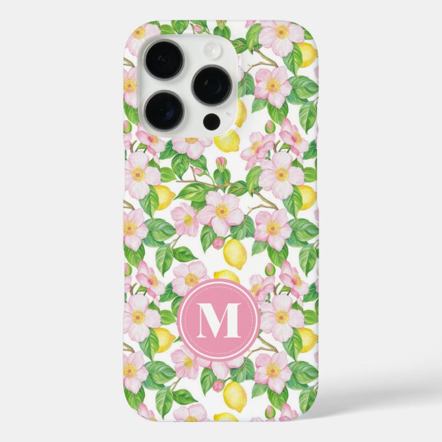 Pink Floral Lemon Pattern Monogram iPhone 16 Pro Hülle (Rückseite)