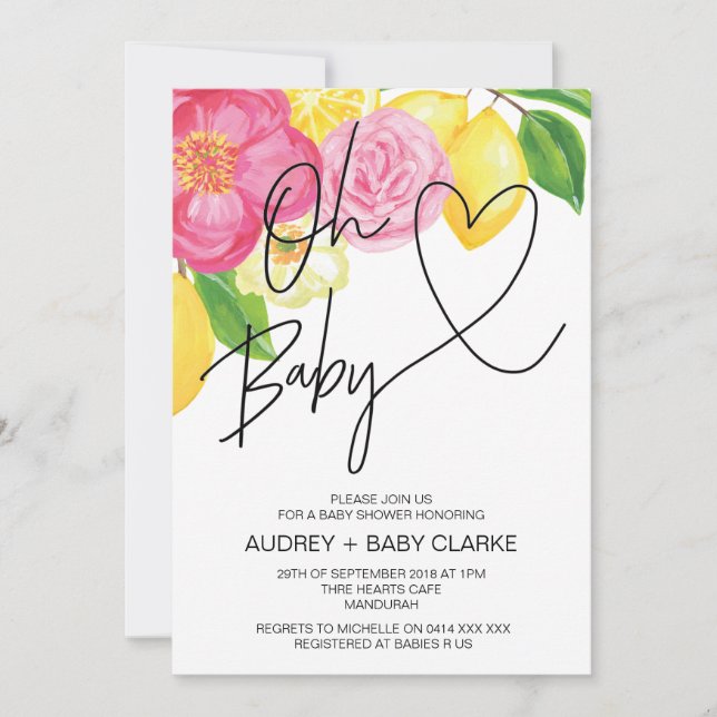 Pink Floral & Lemon Spring Oh Baby Girl Dusche Einladung (Vorderseite)