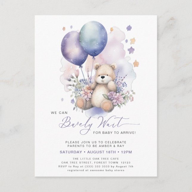Pink Floral Lila Balloon Bear Girl Babydusche Einladungspostkarte (Vorderseite)