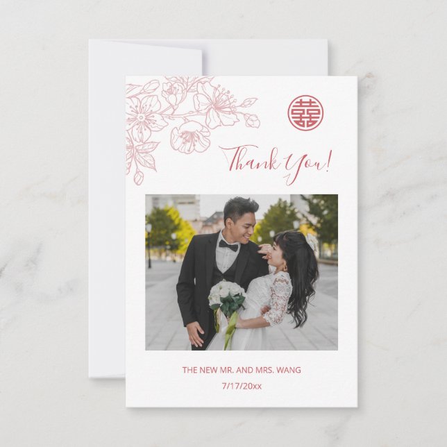 Pink Floral Line Art Foto Hochzeit Vielen Dank Dankeskarte (Vorderseite)
