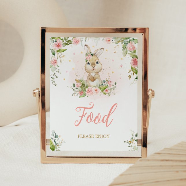 Pink Floral Little Bunny Baby Dusche Nahrung Poster (Girl Peter Rabbit Baby Shower Food Sign)