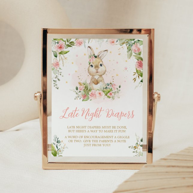 Pink Floral Little Bunny Late Night Diapers Poster (Girl Peter Rabbit Baby Shower Late Night Diapers Sign)