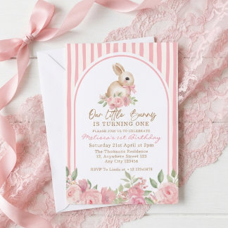 Pink Floral Little Bunny Turning One Birthday  Einladung