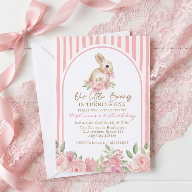 Pink Floral Little Bunny Turning One Birthday  Einladung (Von Creator hochgeladen)