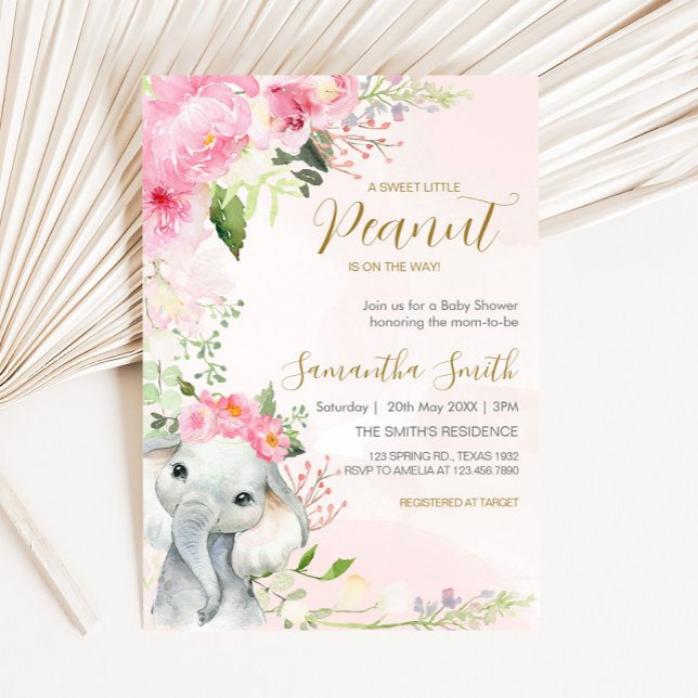 Pink Floral Little Peanut Baby Dusche Einladung (Pink Floral Elephant Spring Baby Shower Invitation
)
