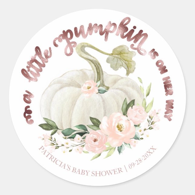 Pink Floral Little Pumpkin Fall Baby Dusche Runder Aufkleber (Vorderseite)