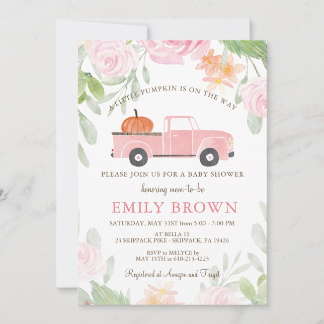 Pink Floral LKW Kleiner PUMPKIN MÄDCHEN BABY DUSCH Einladung (Vorderseite)