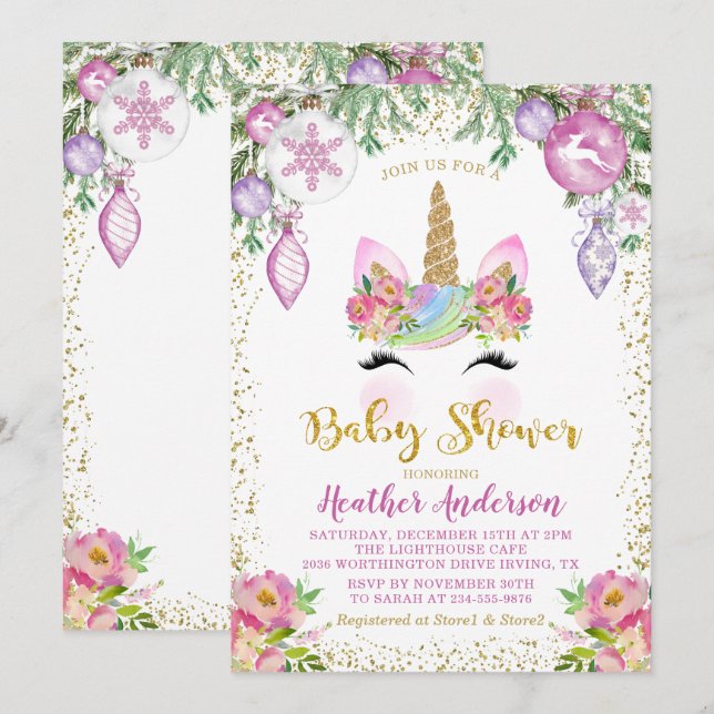 Pink Floral Magical Christmas Unicorn Kinderdusche Einladung (Vorne/Hinten)