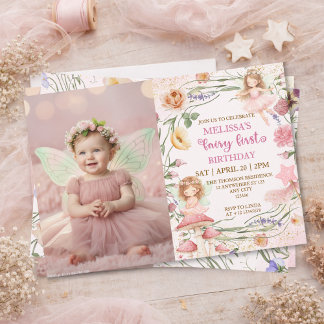 Pink Floral Magical Fairy First Birthday Photo  Einladung