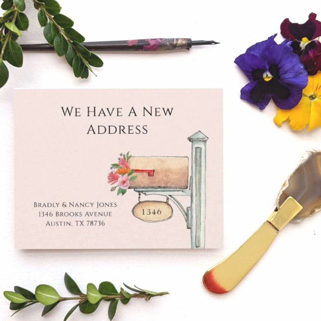 Pink Floral Mailbox Wir sind flach umgezogen Mitteilungskarte (Von Creator hochgeladen)