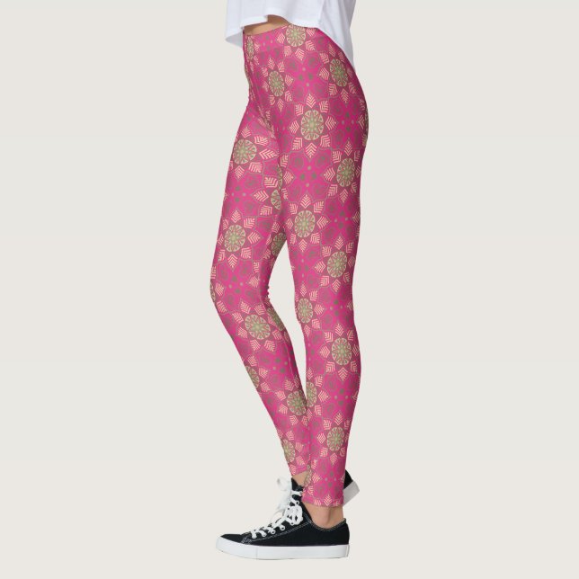 Pink Floral Mandala Circle Batik Muster Leggings (Links)