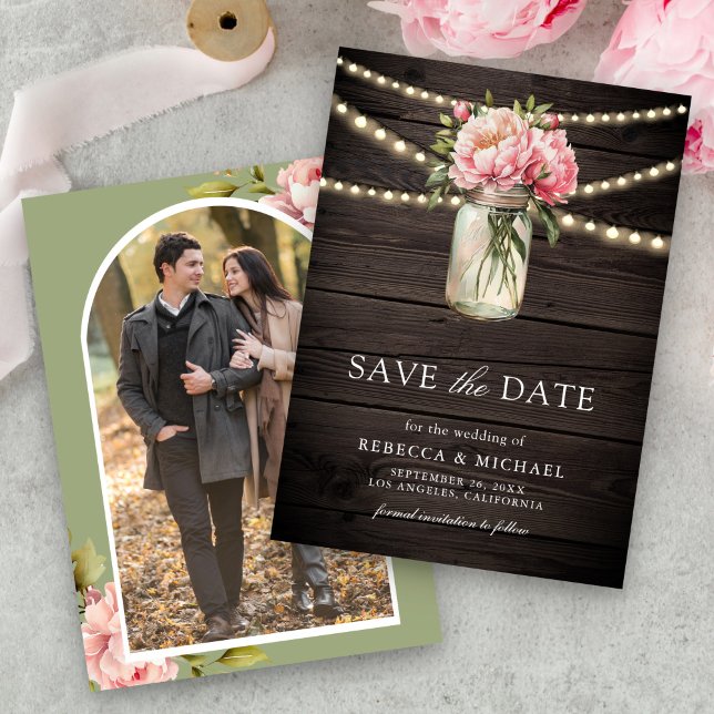Pink Floral Mason Jar Foto Wood Wedding Save The Date (Von Creator hochgeladen)