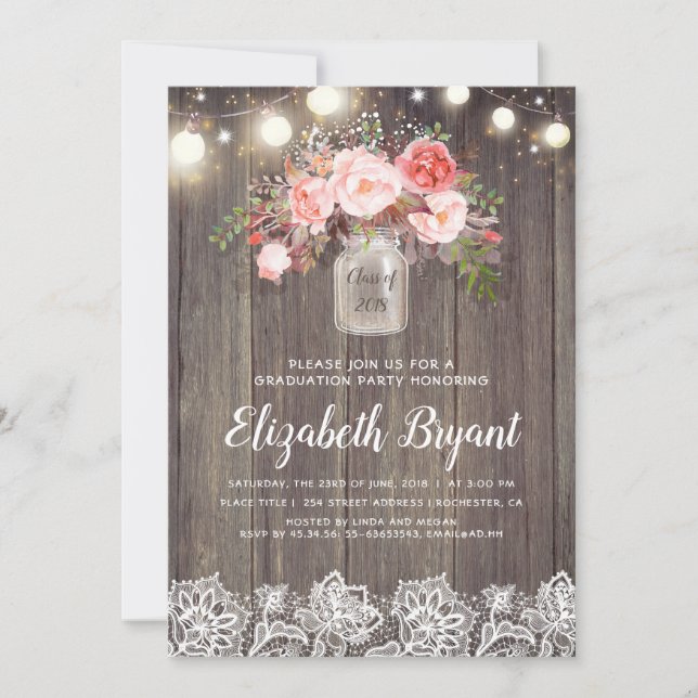 Pink Floral Mason Jar Rustic Lace Graduation Party Einladung (Vorderseite)