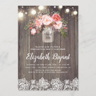 Pink Floral Mason Jar Rustic Lace Graduation Party Einladung