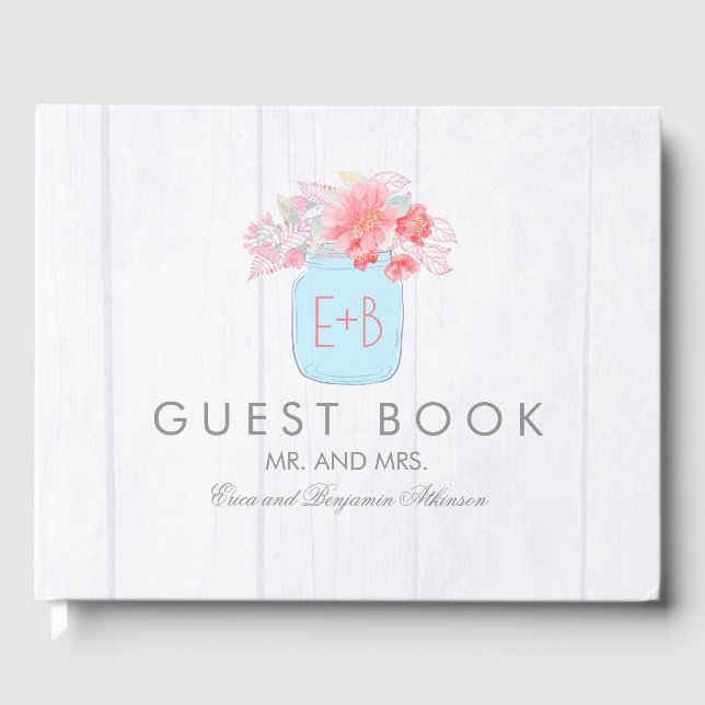 Pink Floral Mason Jar Rustikale Hochzeit Gästebuch (Vorderseite)