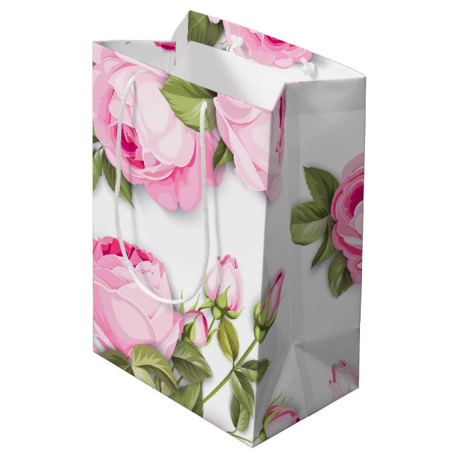 Pink Floral Medium Geschenktasche Mittlere Geschenktüte (Rückseite Schrägansicht)