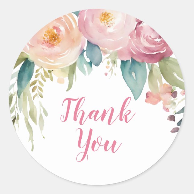 Pink Floral Minimalistisch Danke Runder Aufkleber (Vorderseite)