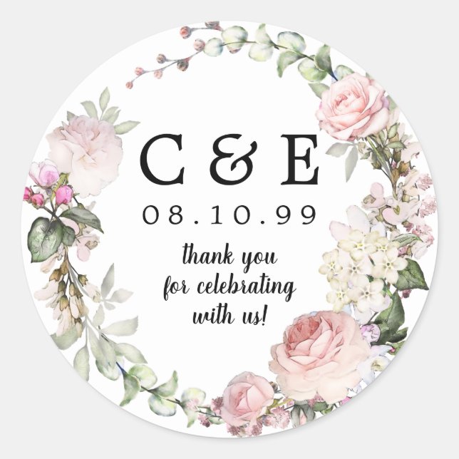 Pink Floral Mit Monogramm Wedding Danke Runder Aufkleber (Vorderseite)