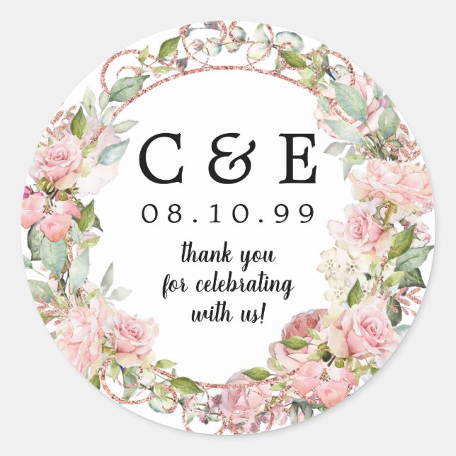 Pink Floral Mit Monogramm Wedding Danke Runder Aufkleber (Vorderseite)