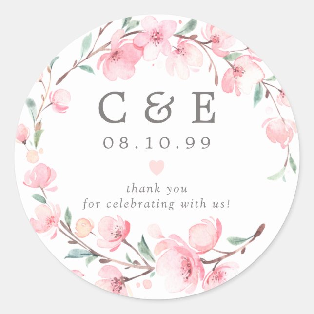 Pink Floral Mit Monogramm Wedding Danke Runder Aufkleber (Vorderseite)