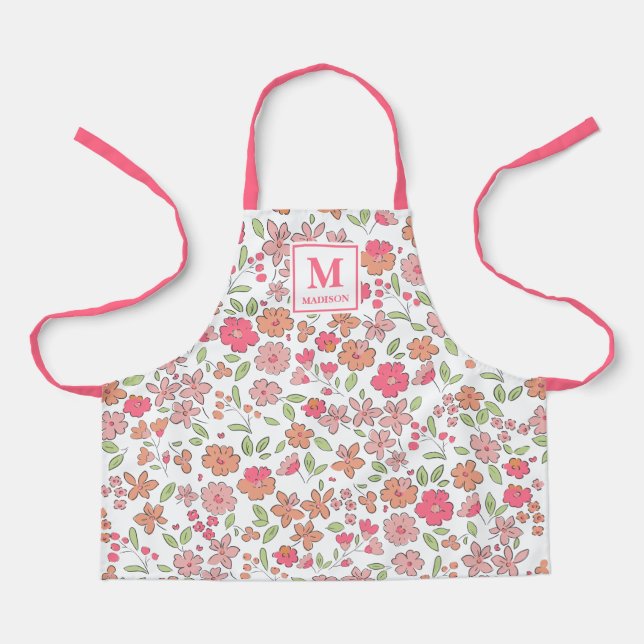 Pink Floral Monogram Apron Schürze (Vorderseite)