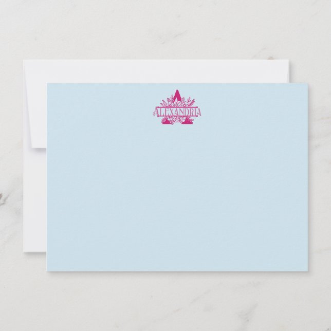 Pink Floral Monogram Individuelle Name Stationieru Mitteilungskarte (Rückseite)
