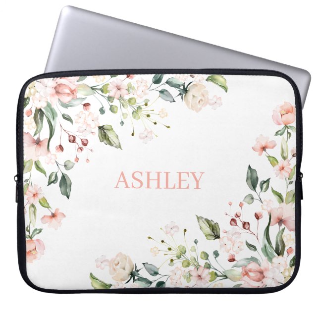 Pink Floral Monogram Watercolor Personalized Name Laptopschutzhülle (Vorderseite)