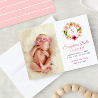 Pink Floral Monogram Wreath Baby Girl Foto Birth