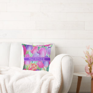 PINK FLORAL Monogramm WHITE TEXT Kissen