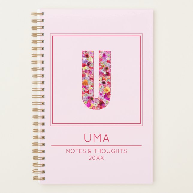 Pink Floral Monogrammed Name Letter U Planer (Vorderseite)