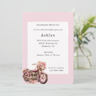 Pink Floral Motorcycle Birthday   Einladung