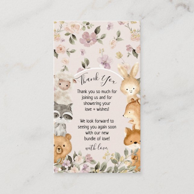 Pink Floral Niedlich Baby Forest Animal Danke Begleitkarte (Vorderseite)