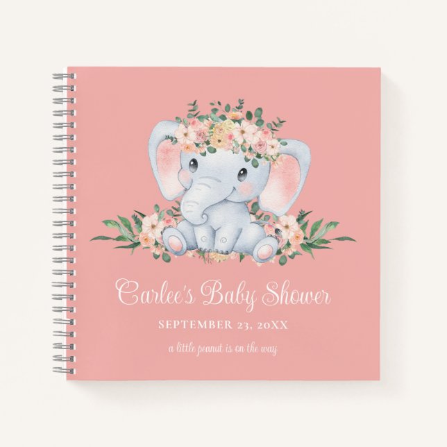 Pink Floral Niedlich Elephant Baby Girl Babydusche Notizbuch (Vorderseite)