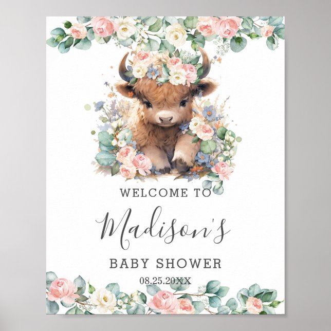 Pink Floral Niedlich Hochland Kuh Baby Dusche Will Poster (Vorne)