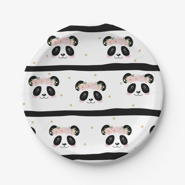 Pink Floral Niedlich Panda Birthday Baby Party Pappteller (Vorderseite)